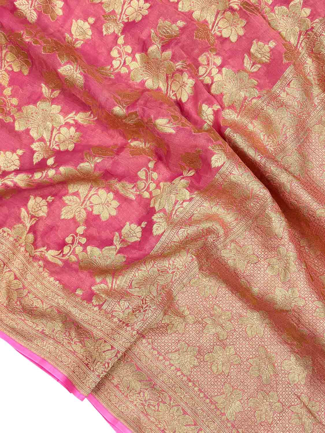 Beautiful Pink Handloom Banarasi Pure Tissue Georgette Saree - Luxurion World