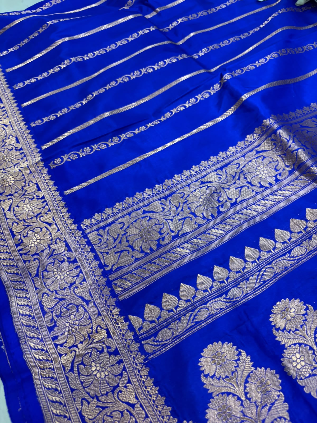 Blue Handloom Banarasi Pure Katan Silk Flower Design Saree