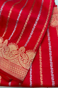 Red Handloom Banarasi Pure Katan Silk Flower Design Saree