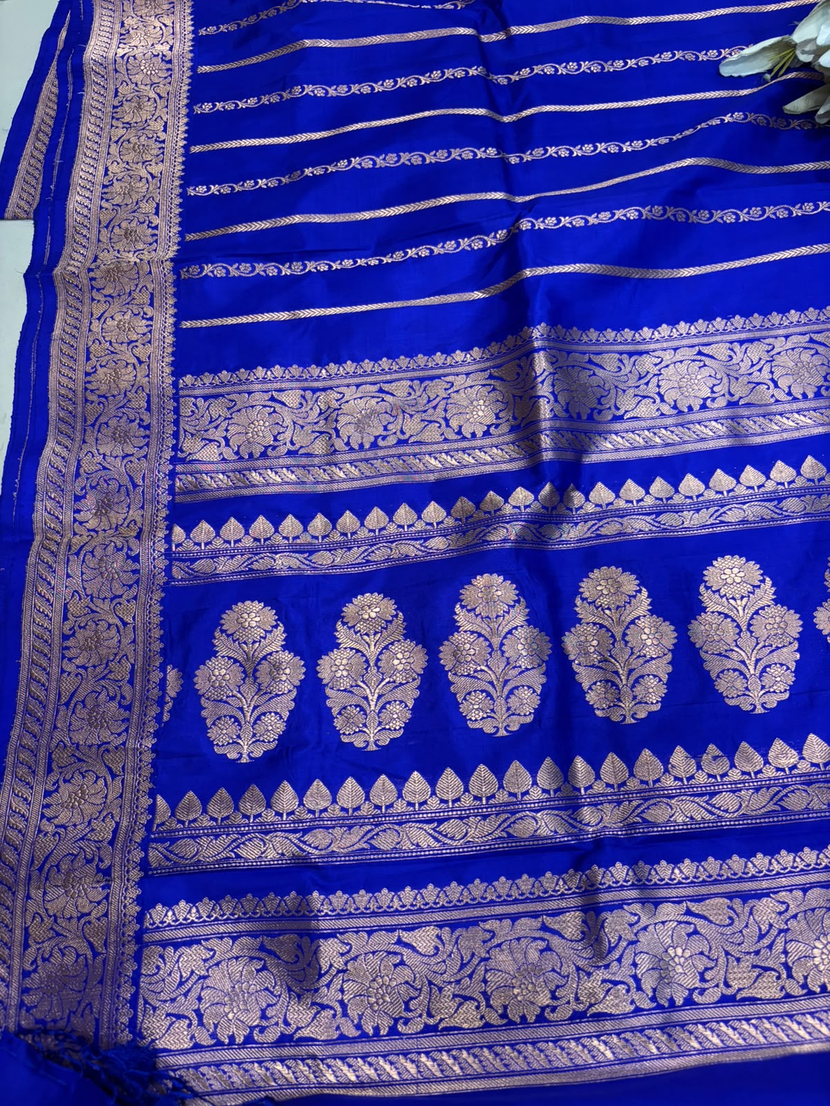 PS1B1MI626061602 Blue Handloom Banarasi Katan Silk Stripe Design Saree