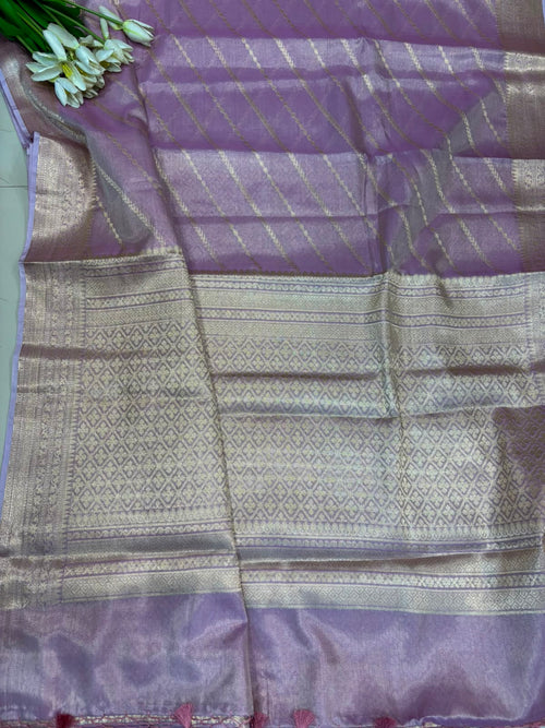 Purple Banarasi Tissue Silk Saree — Stripe Weave, Wedding & Festive