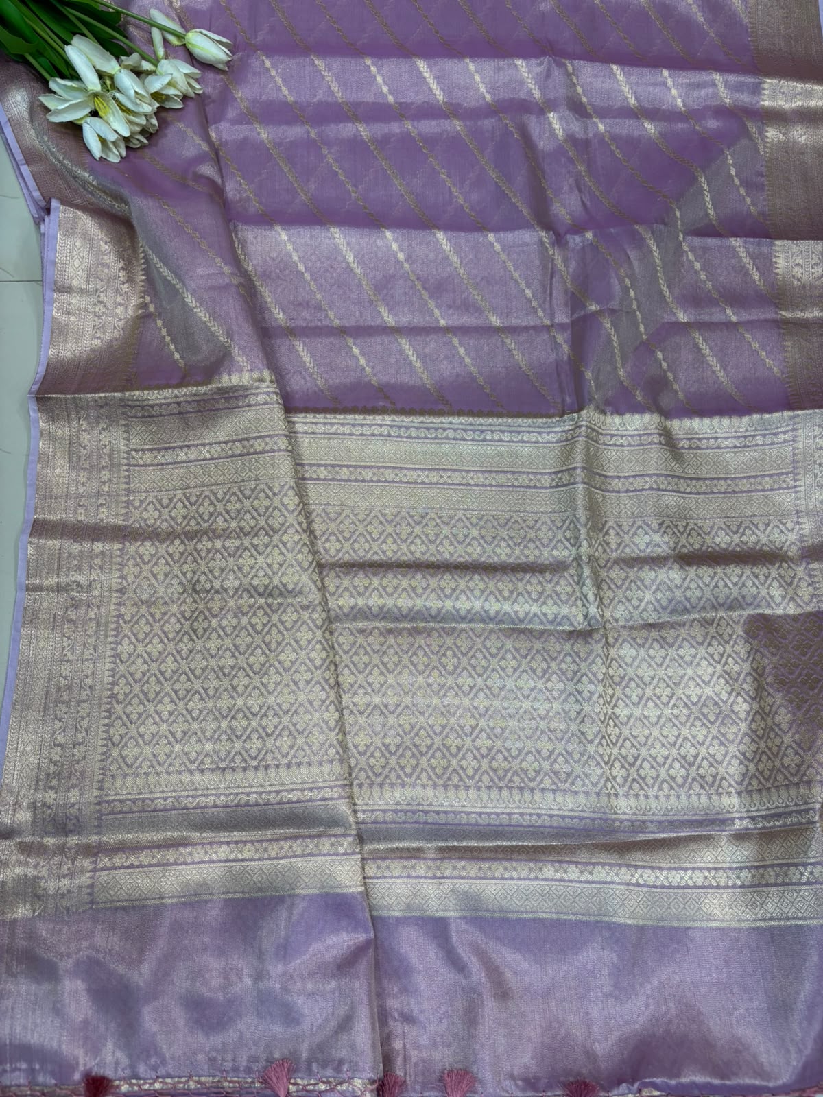 Purple Banarasi Tissue Silk Saree — Woven Stripes, Bridal & Puja Wear
