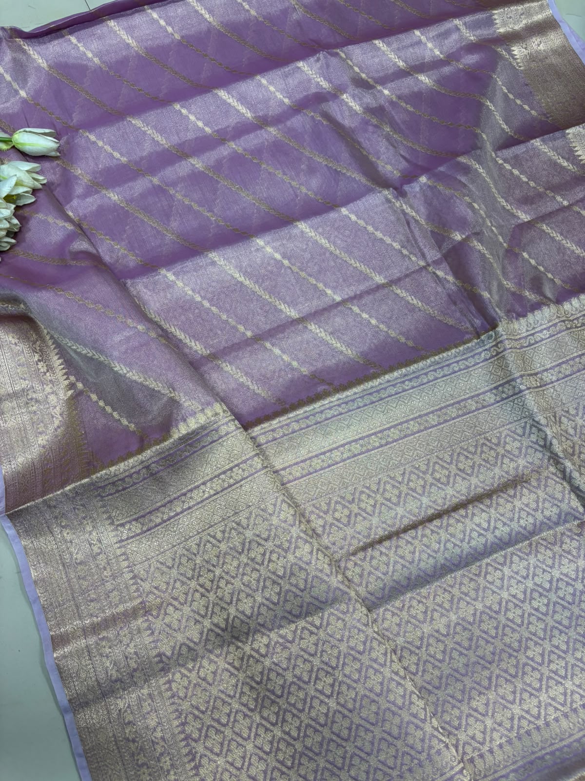 Purple Banarasi Tissue Silk Saree — Stripe Weave, Royal & Festive Wear