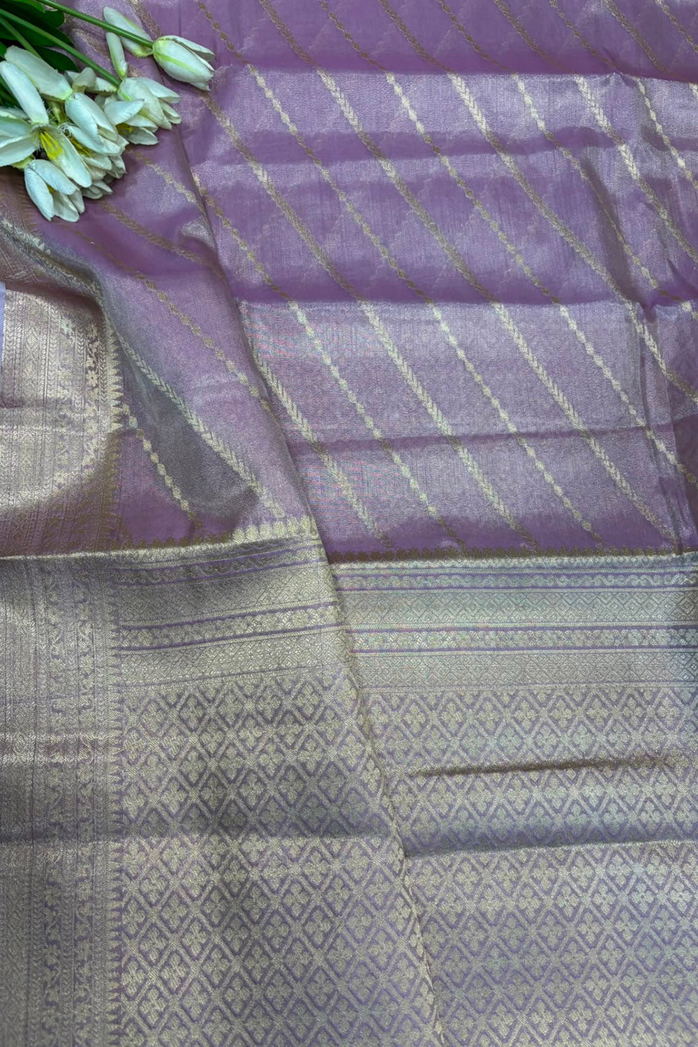 Purple Banarasi Tissue Silk Saree — Woven Stripes, Bridal & Puja Wear