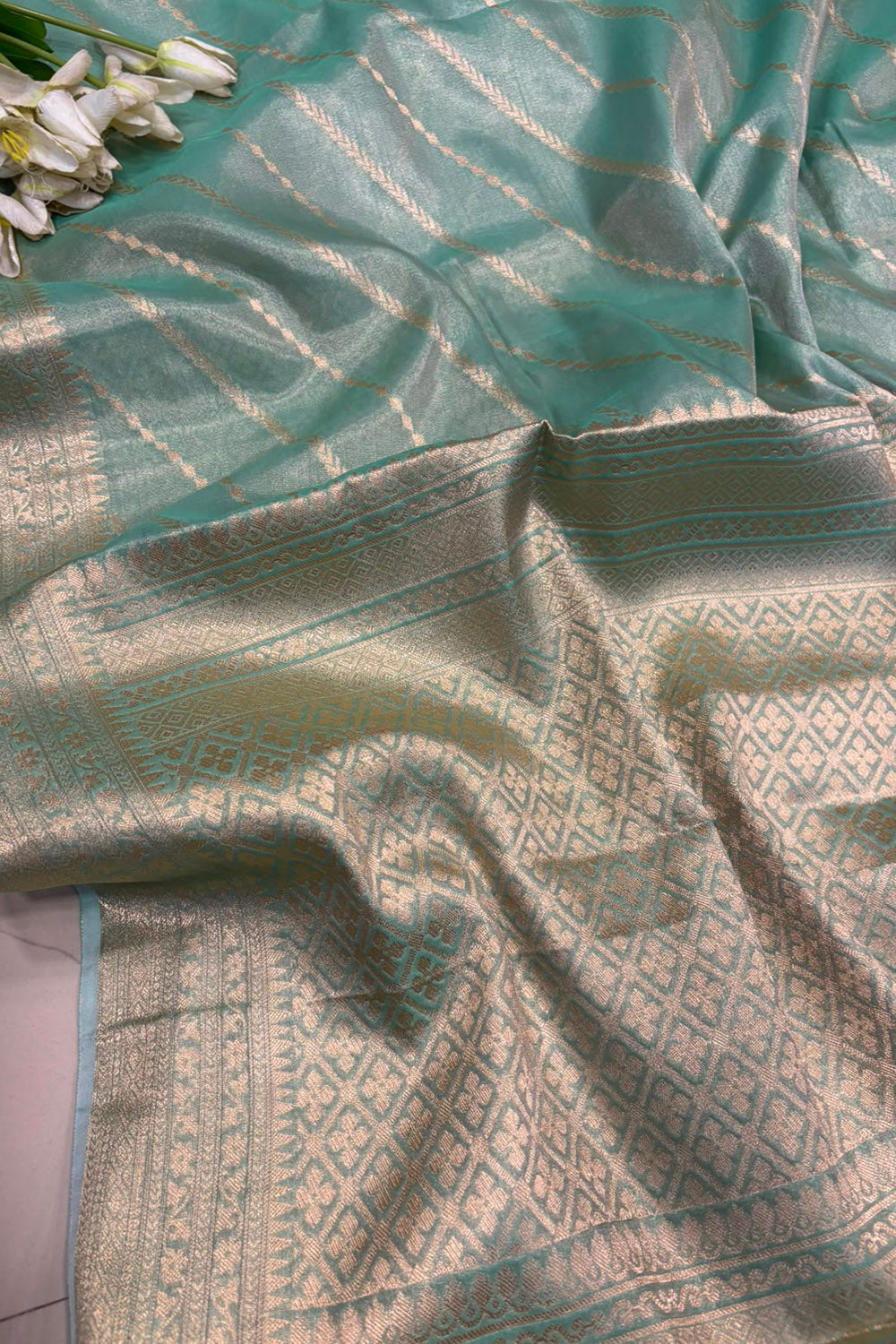 Blue Banarasi Tissue Silk Saree — Stripe Weave, Festive & Reception Wear