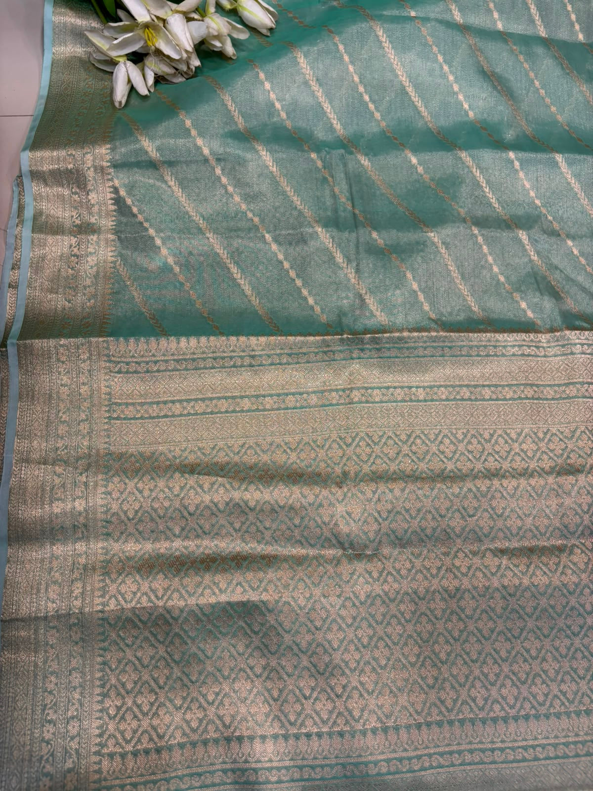 Blue Banarasi Tissue Silk Saree — Stripe Weave, Festive & Reception Wear