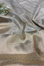 White Banarasi Tissue Silk Saree — Stripe Weave, Puja & Festive Elegance