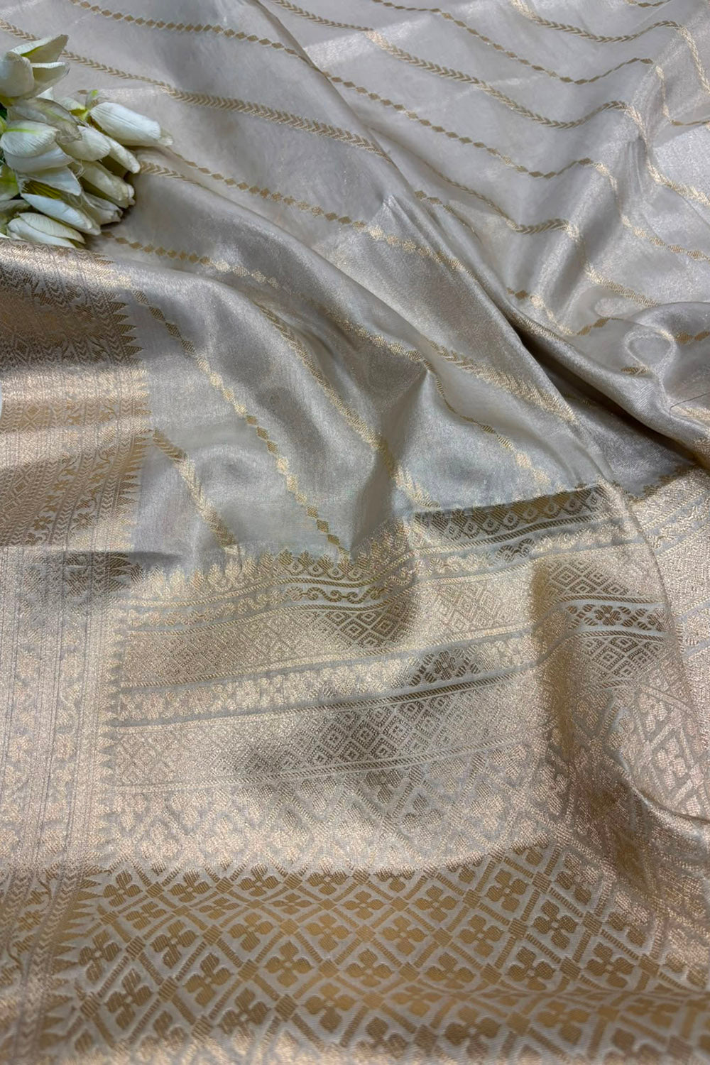 White Banarasi Tissue Silk Saree — Stripe Weave, Puja & Festive Elegance