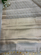 White Banarasi Tissue Silk Saree — Stripe Weave, Puja & Festive Elegance