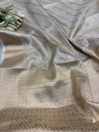 White Banarasi Tissue Silk Saree — Stripe Weave, Puja & Festive Elegance