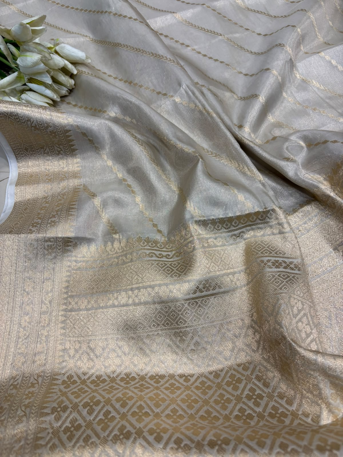 White Banarasi Tissue Silk Saree — Stripe Weave, Puja & Festive Elegance