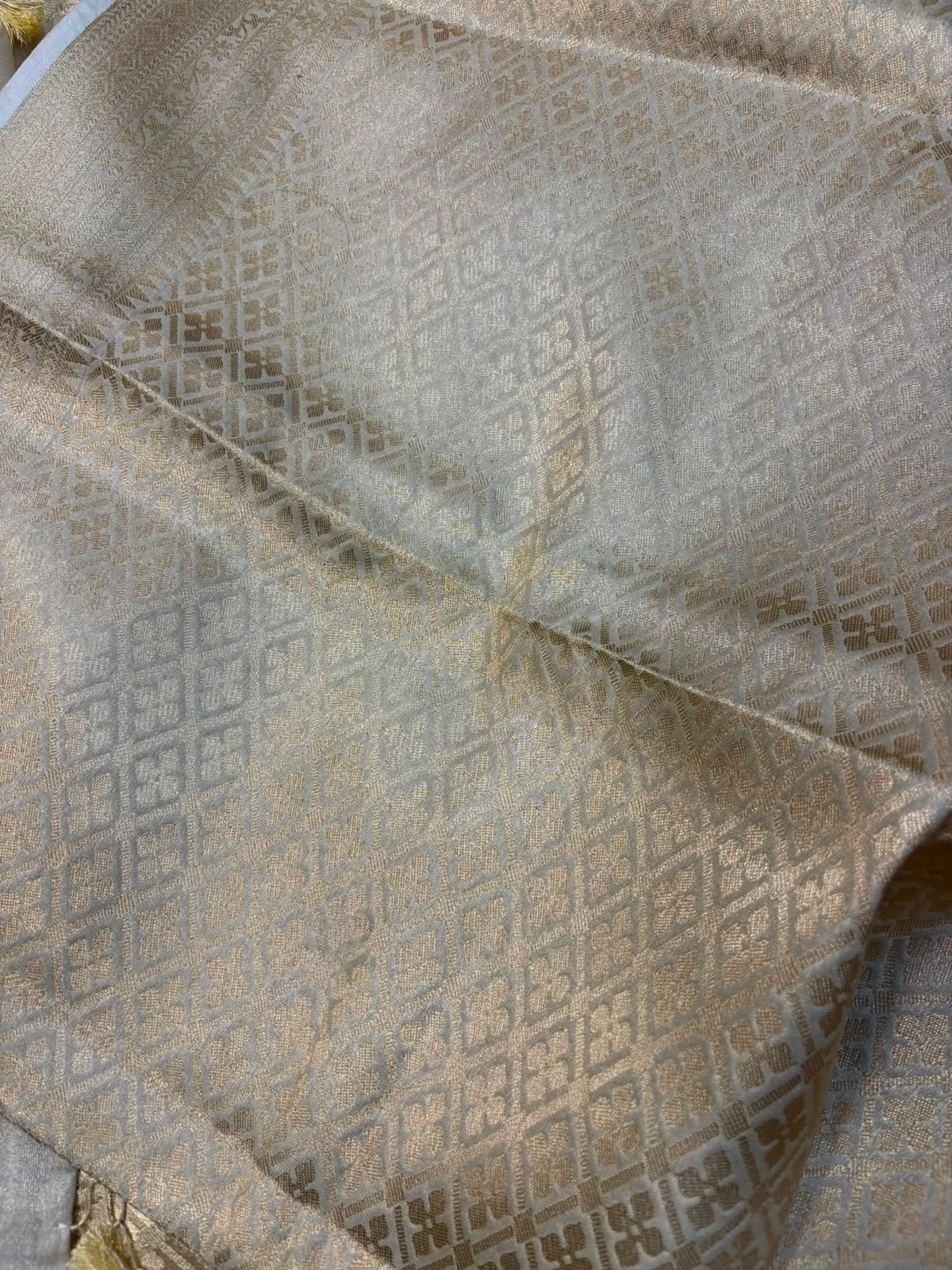 White Banarasi Tissue Silk Saree — Stripe Weave, Puja & Festive Elegance