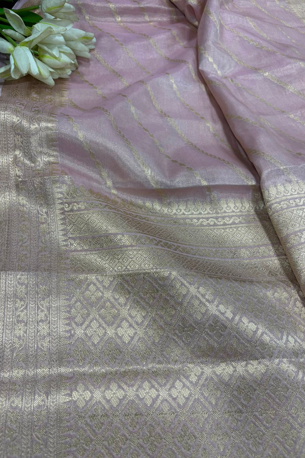 Pink Banarasi Tissue Silk Saree — Stripe Weave, Festive & Trousseau