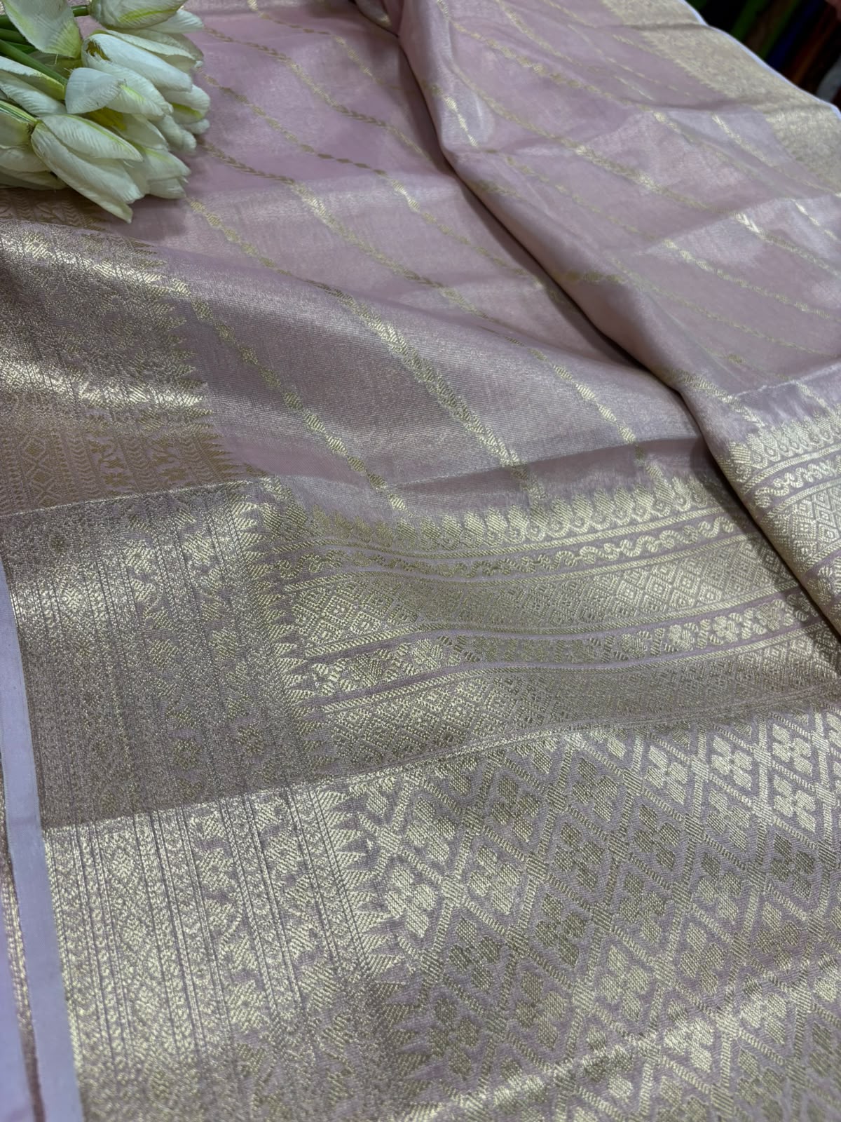 Pink Banarasi Tissue Silk Saree — Stripe Weave, Festive & Trousseau