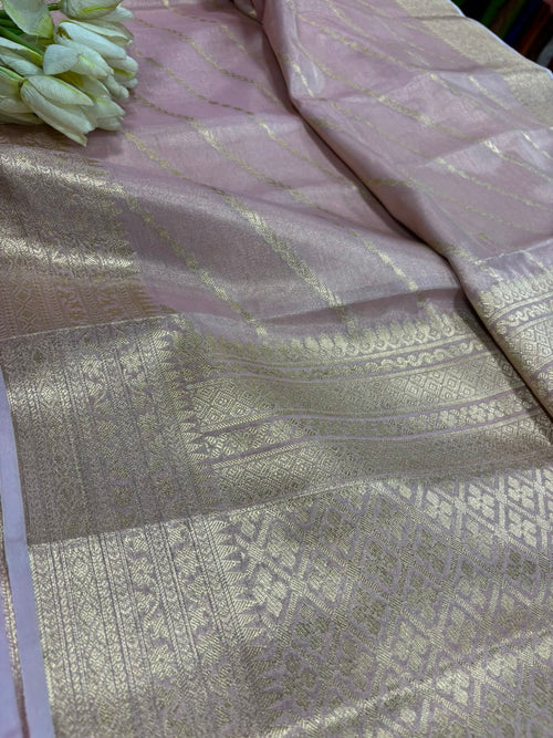 Pink Banarasi Tissue Silk Saree — Stripe Weave, Wedding & Festive