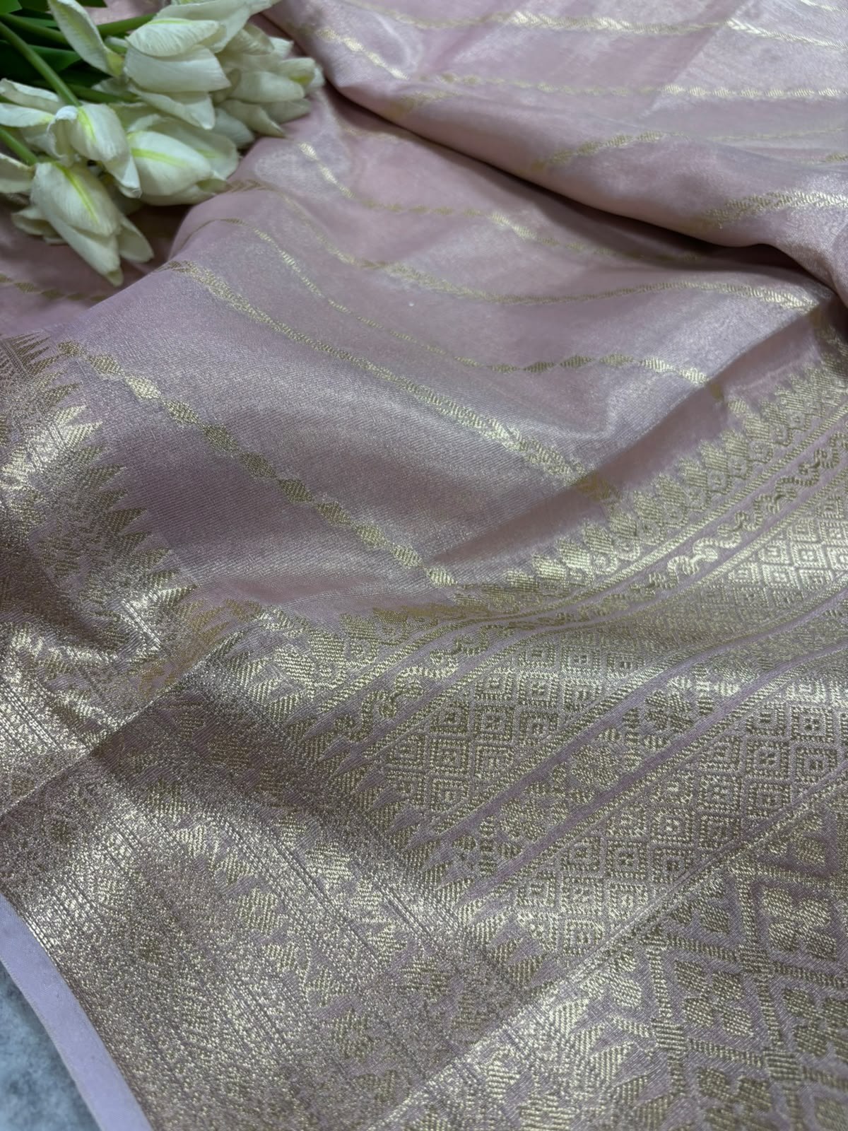 Pink Banarasi Tissue Silk Saree — Stripe Weave, Festive & Trousseau