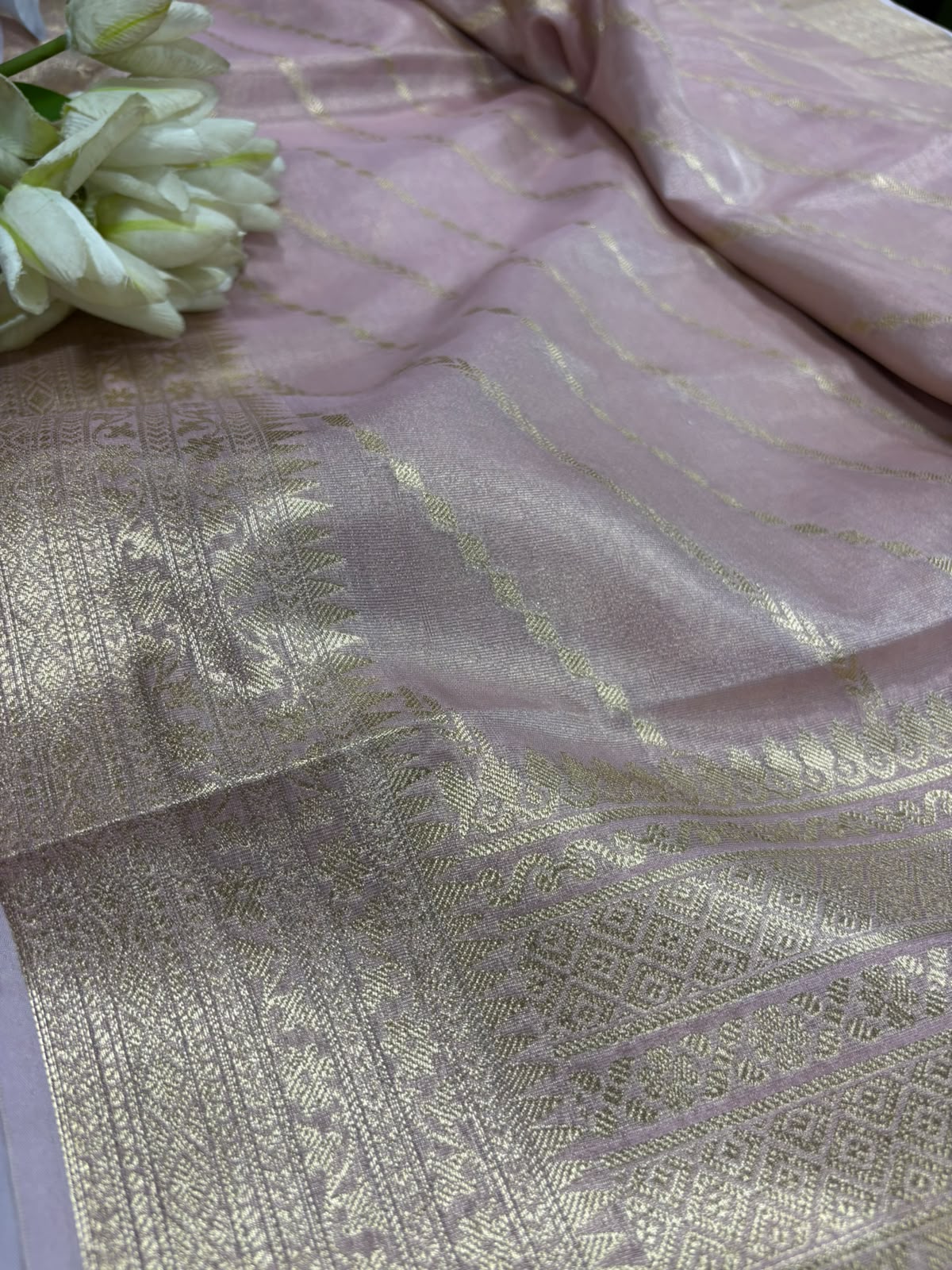 Pink Banarasi Tissue Silk Saree — Stripe Weave, Festive & Trousseau