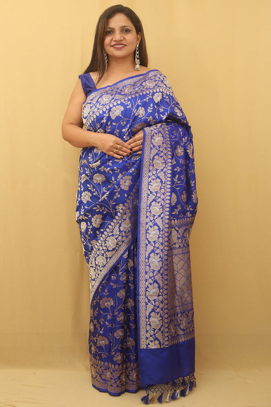 Blue Banarasi Handloom Pure Katan Silk Saree - Luxurion World