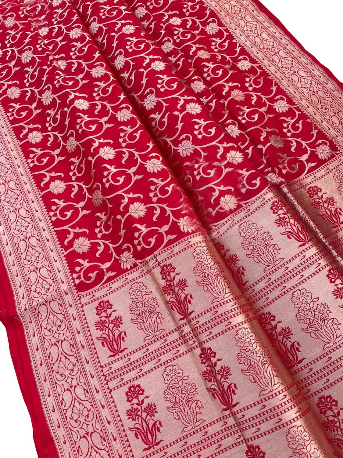 Red Banarasi Handloom Pure Katan Silk Saree - Luxurion World