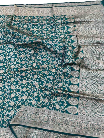 Green Banarasi Handloom Pure Katan Silk Saree - Luxurion World