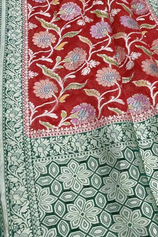 Red Handloom Banarasi Georgette Brush Dye Saree - Luxurion World