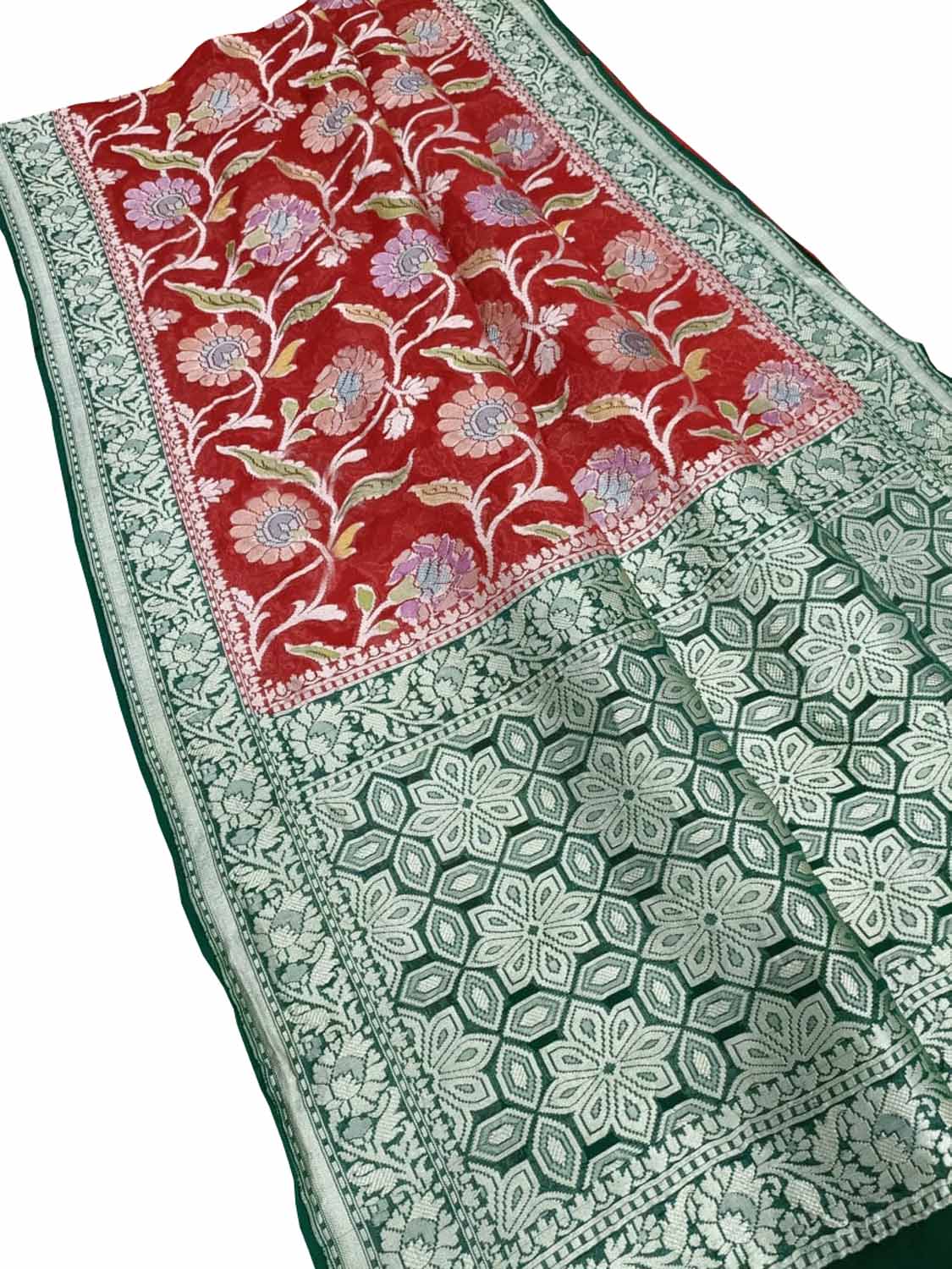 Red Handloom Banarasi Georgette Brush Dye Saree - Luxurion World