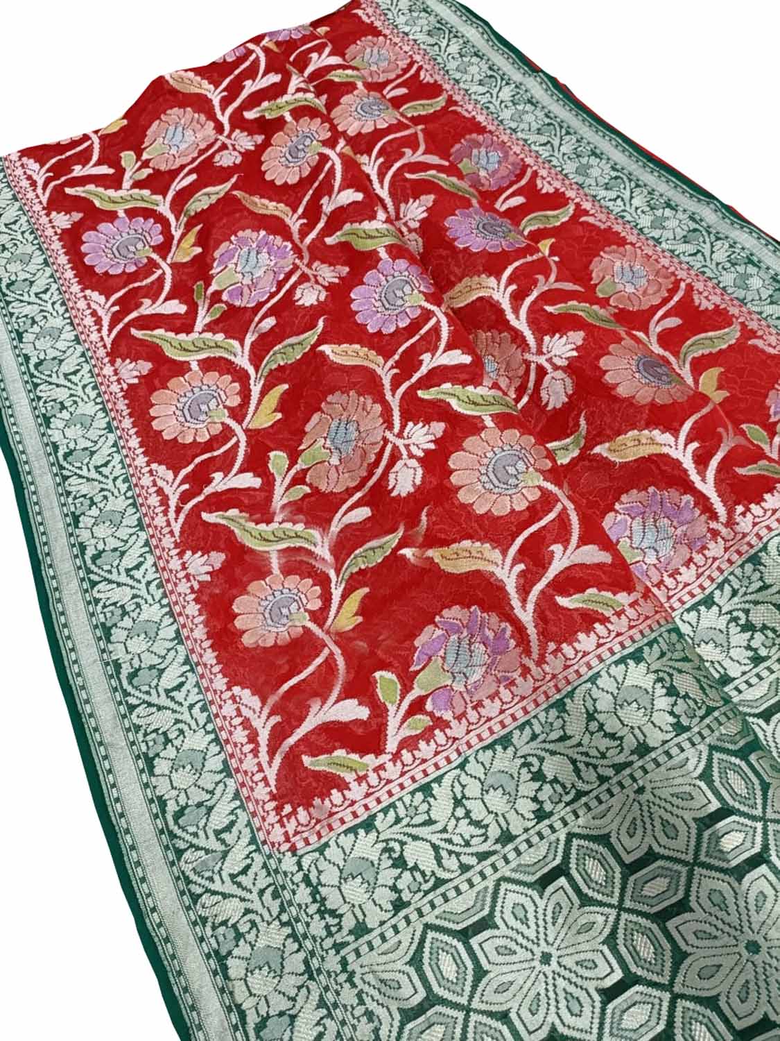 Red Handloom Banarasi Georgette Brush Dye Saree - Luxurion World