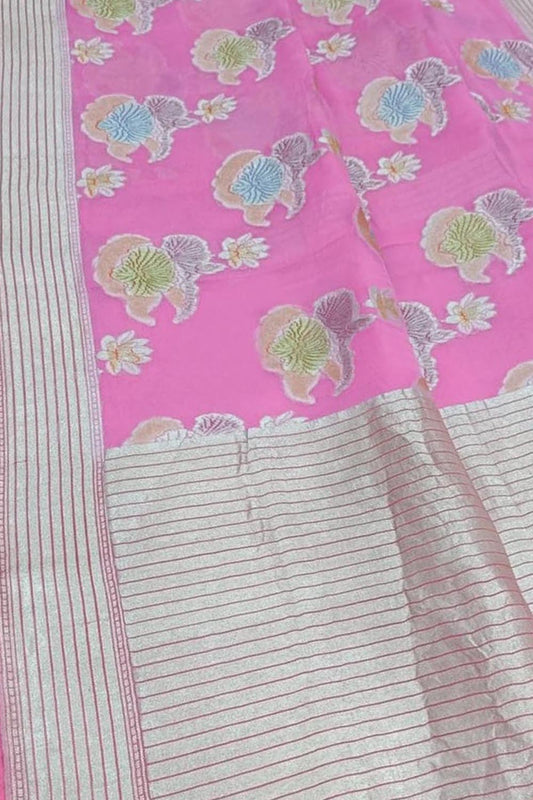Pink Handloom Banarasi Georgette Brush Dye Saree - Luxurion World