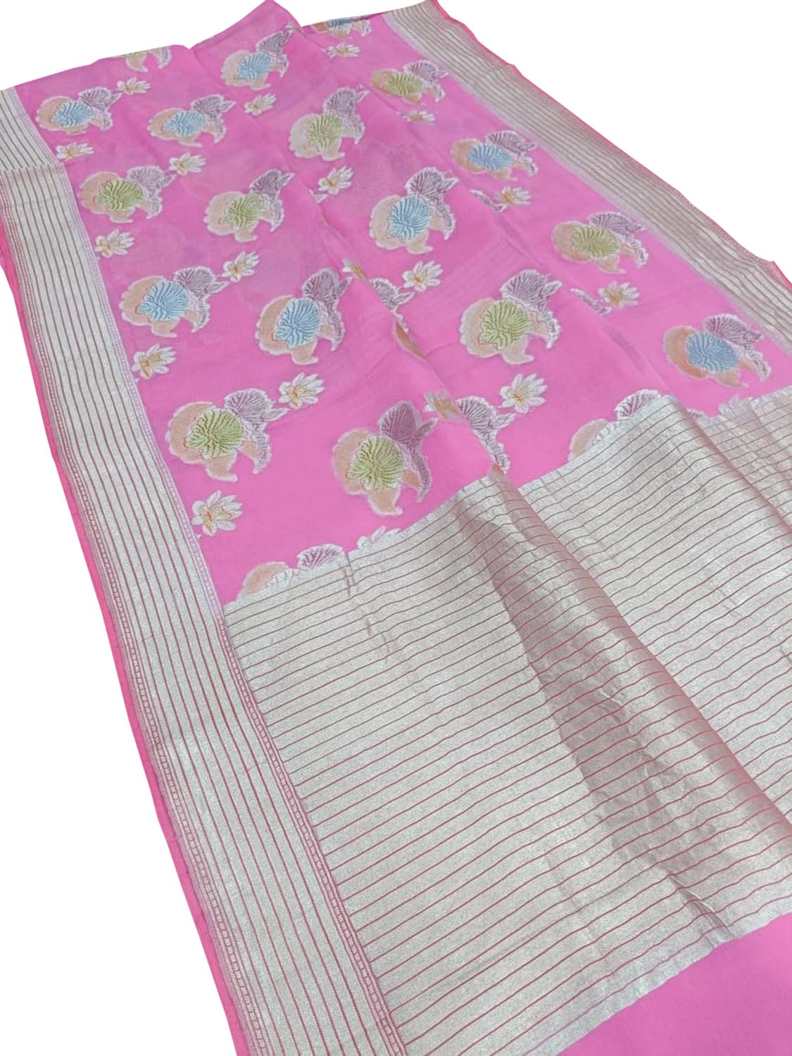 Pink Handloom Banarasi Georgette Brush Dye Saree - Luxurion World