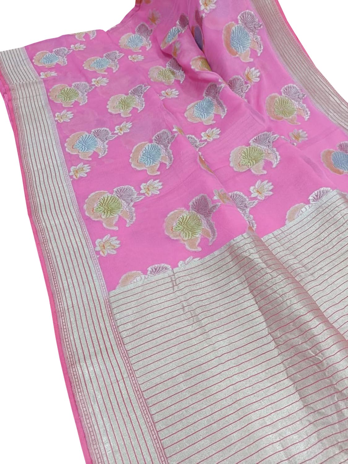 Pink Handloom Banarasi Georgette Brush Dye Saree - Luxurion World