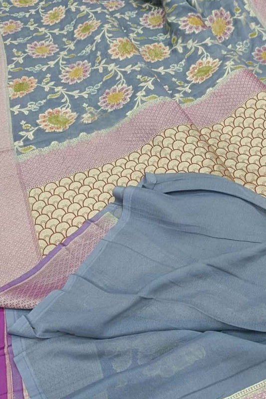 Grey Handloom Banarasi Georgette Brush Dye Saree - Luxurion World