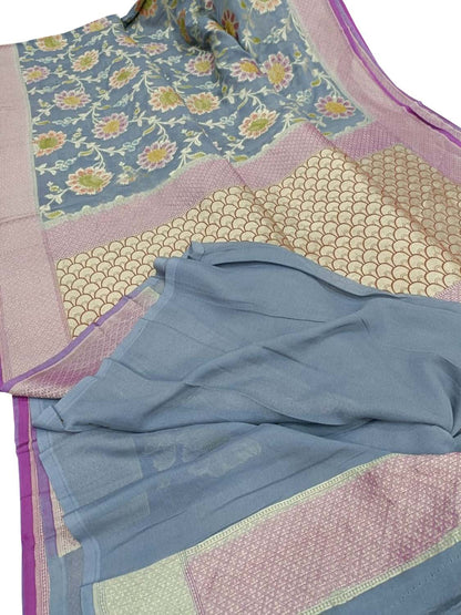 Grey Handloom Banarasi Georgette Brush Dye Saree - Luxurion World