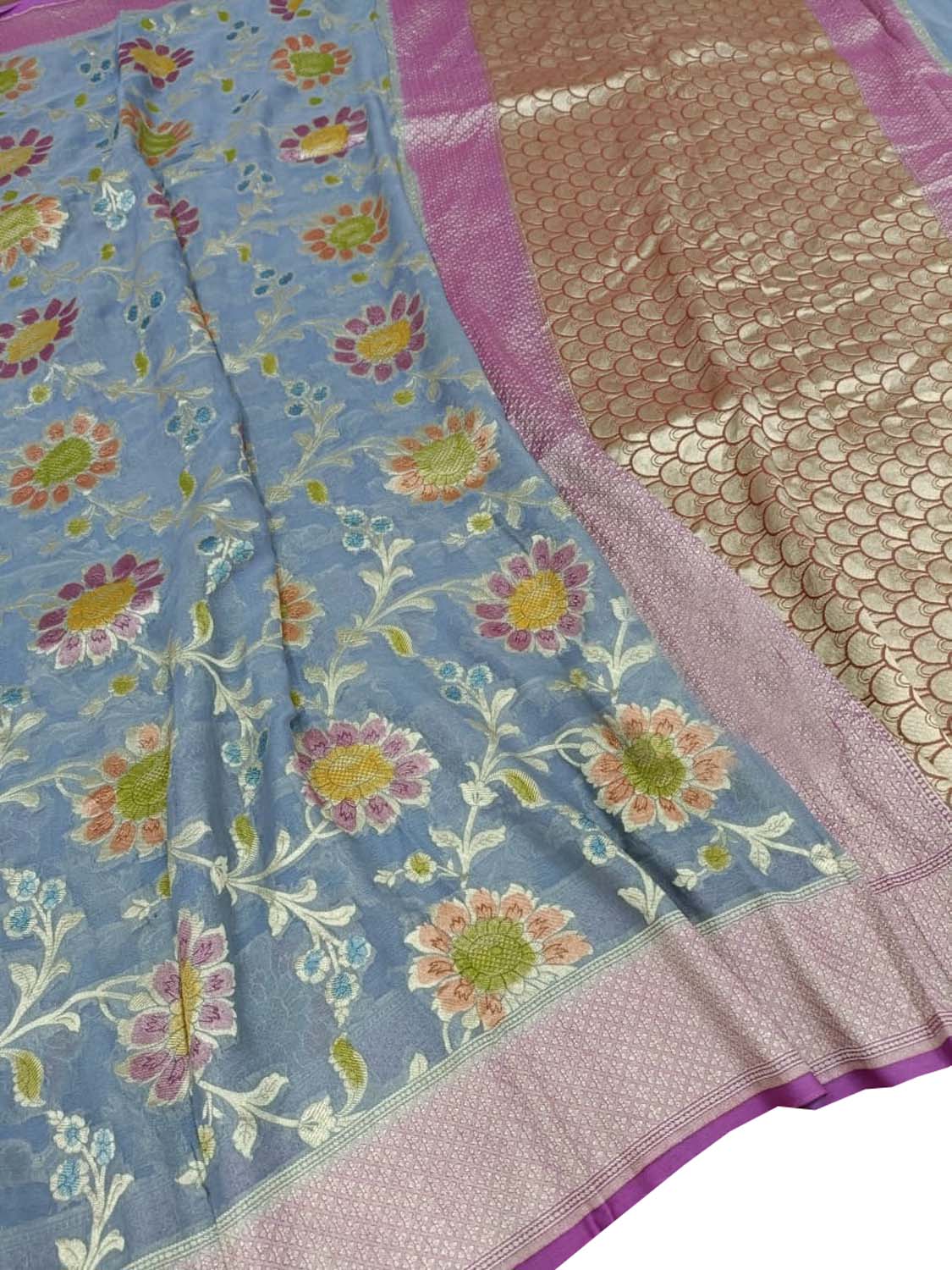 Grey Handloom Banarasi Georgette Brush Dye Saree - Luxurion World
