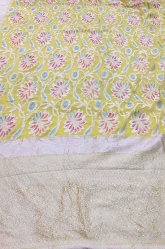 Yellow Handloom Banarasi Georgette Brush Dye Saree - Luxurion World
