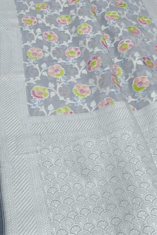 Grey Handloom Banarasi Georgette Brush Dye Saree - Luxurion World