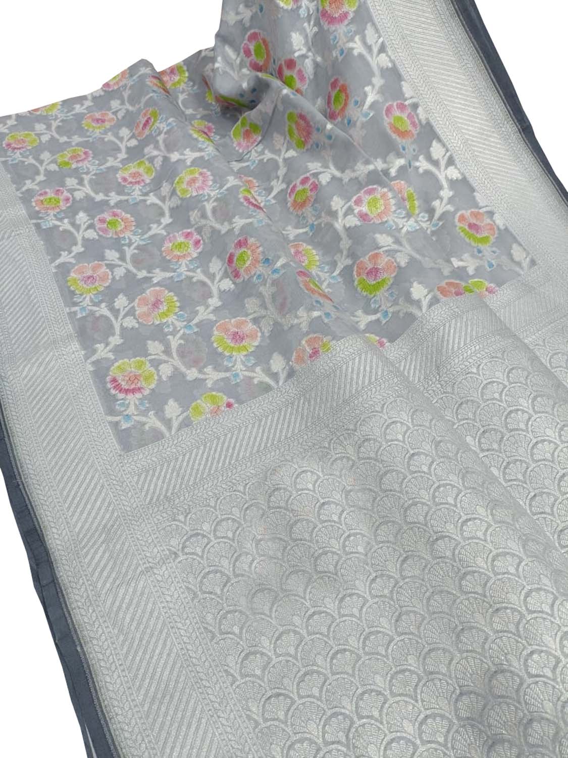 Grey Handloom Banarasi Georgette Brush Dye Saree - Luxurion World