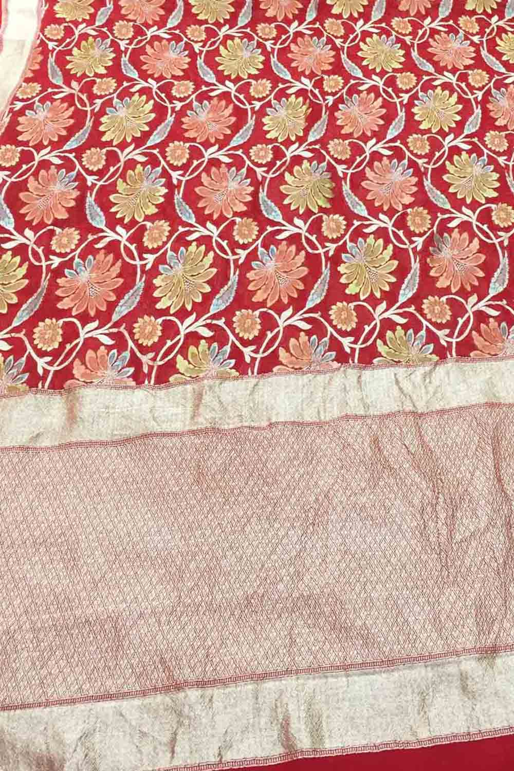Red Handloom Banarasi Georgette Brush Dye Saree - Luxurion World