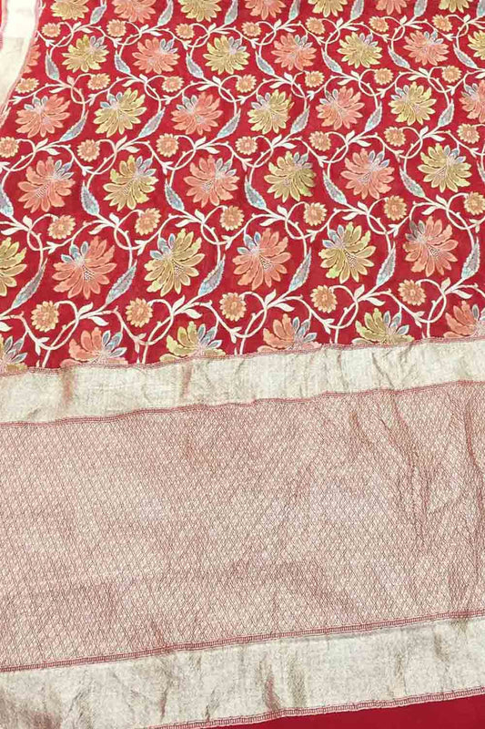 Red Handloom Banarasi Georgette Brush Dye Saree - Luxurion World