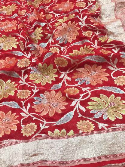 Red Handloom Banarasi Georgette Brush Dye Saree