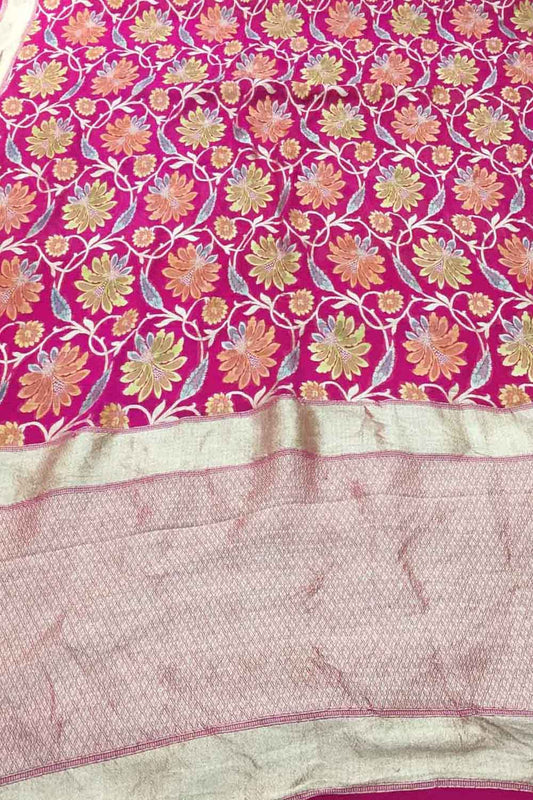 Pink Handloom Banarasi Georgette Brush Dye Saree - Luxurion World