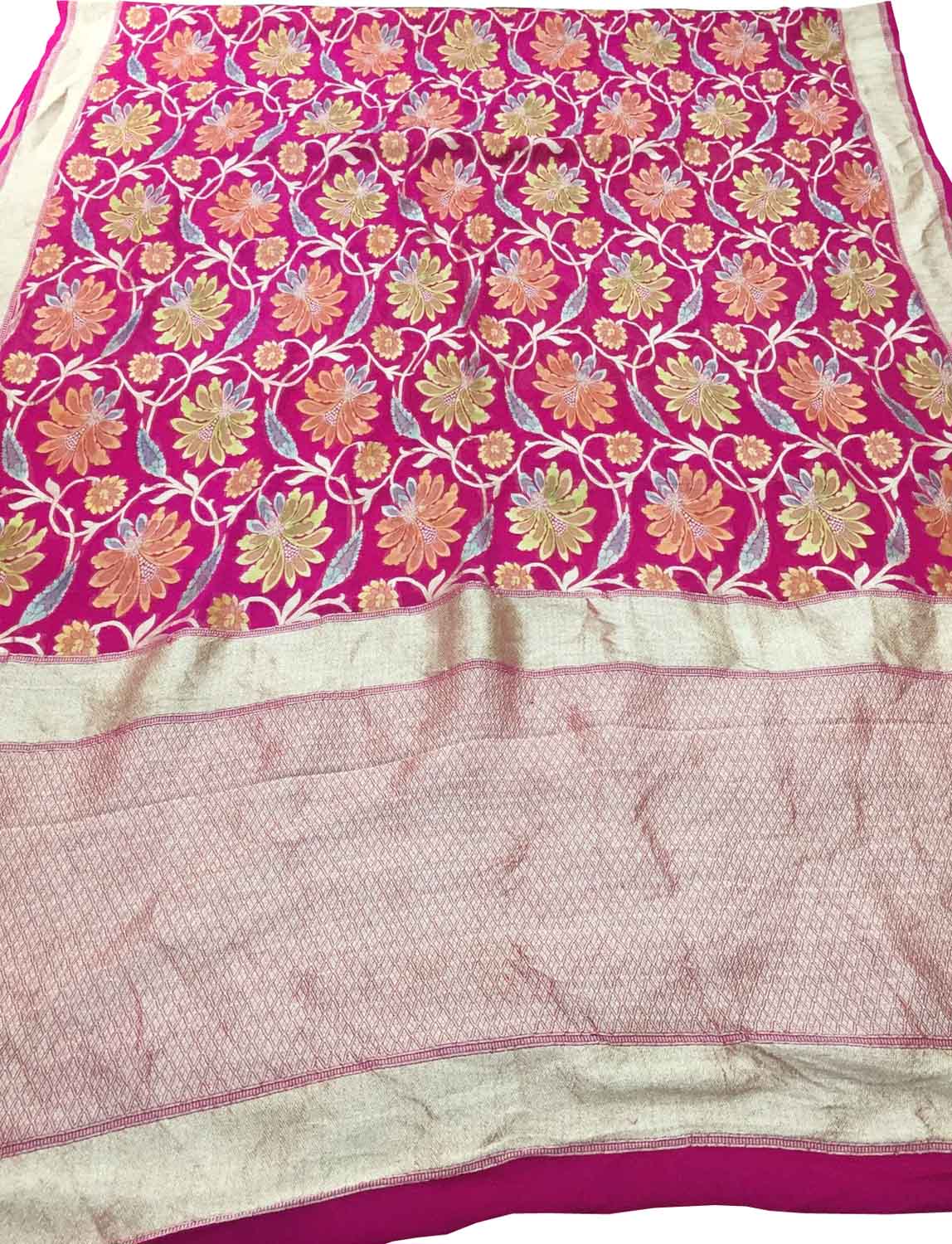 Pink Handloom Banarasi Georgette Brush Dye Saree - Luxurion World