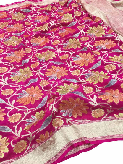 Pink Handloom Banarasi Georgette Brush Dye Saree - Luxurion World