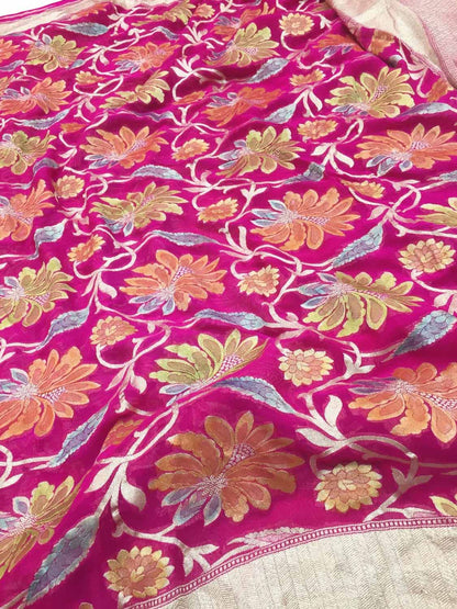 Pink Handloom Banarasi Georgette Brush Dye Saree - Luxurion World