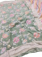 Green Handloom Banarasi Georgette Brush Dye Saree - Luxurion World