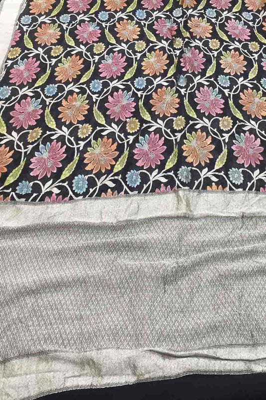 Black Handloom Banarasi Georgette Brush Dye Saree - Luxurion World