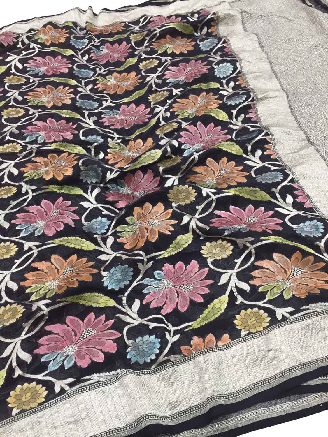 Black Handloom Banarasi Georgette Brush Dye Saree - Luxurion World