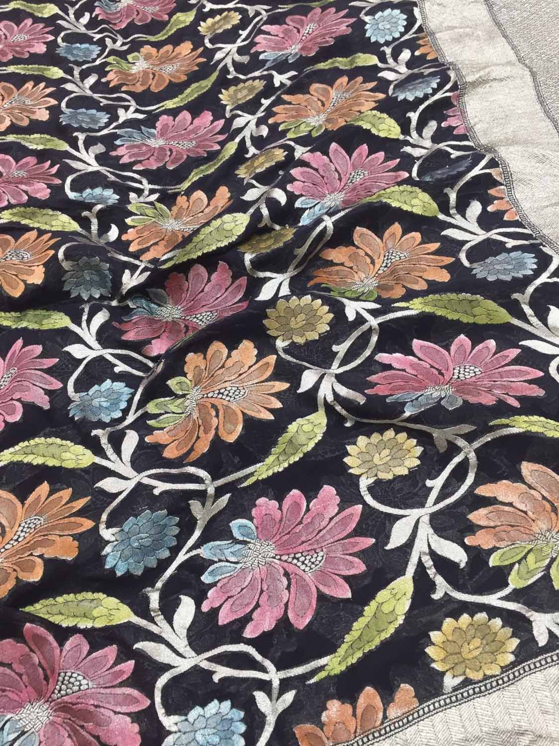 Black Handloom Banarasi Georgette Brush Dye Saree - Luxurion World