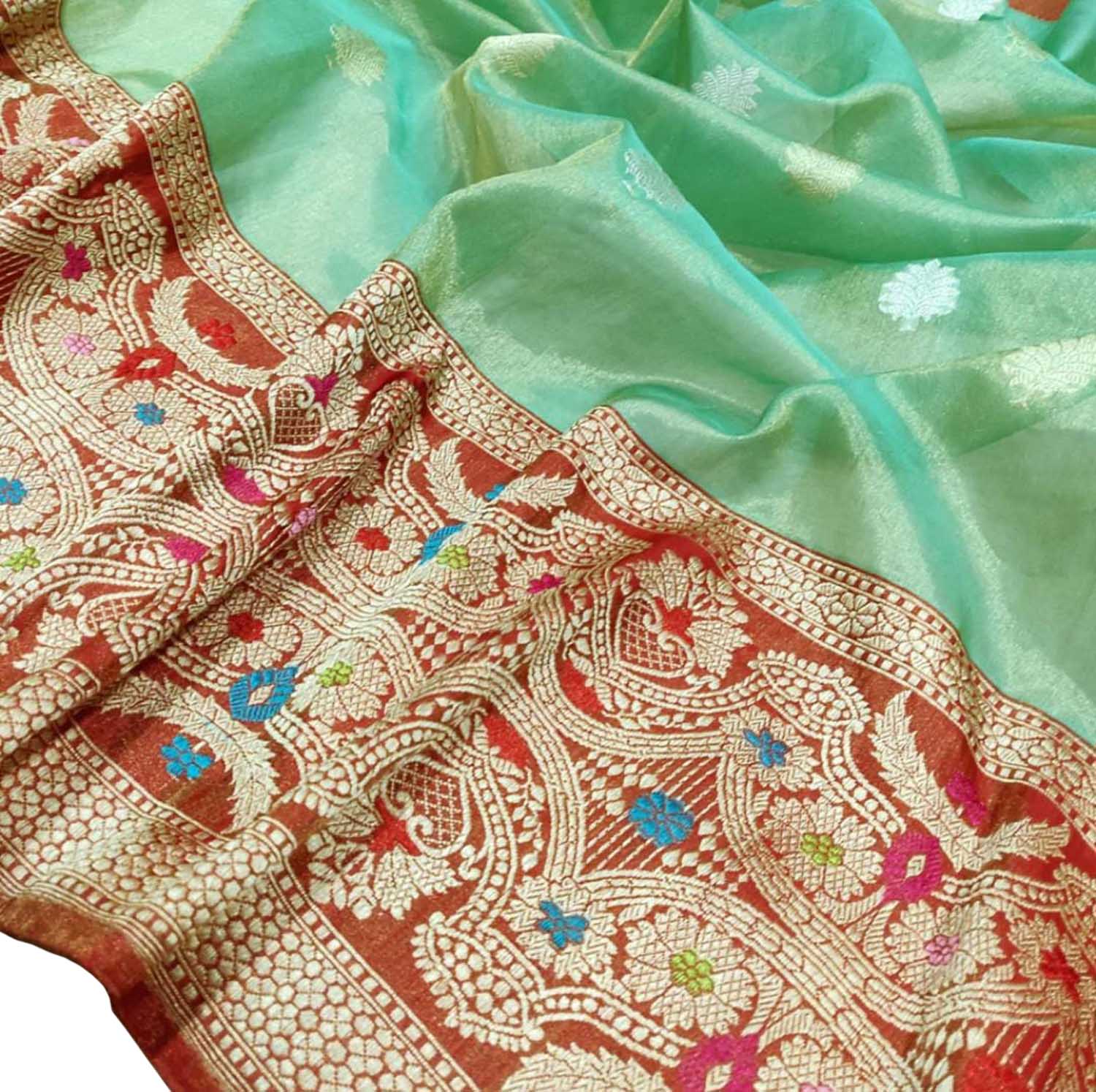 Green Banarasi Handloom Pure Tissue Silk Meenakari Saree - Luxurion World