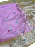Pink Banarasi Handloom Pure Tissue Silk Saree - Luxurion World