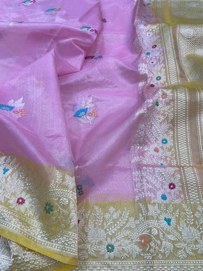 Pink Banarasi Handloom Pure Tissue Silk Saree - Luxurion World